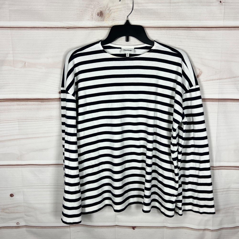 Darling Top Womens Medium Blue Striped Cotton T-Shirt Bell Sleeve Crew Neck Knit